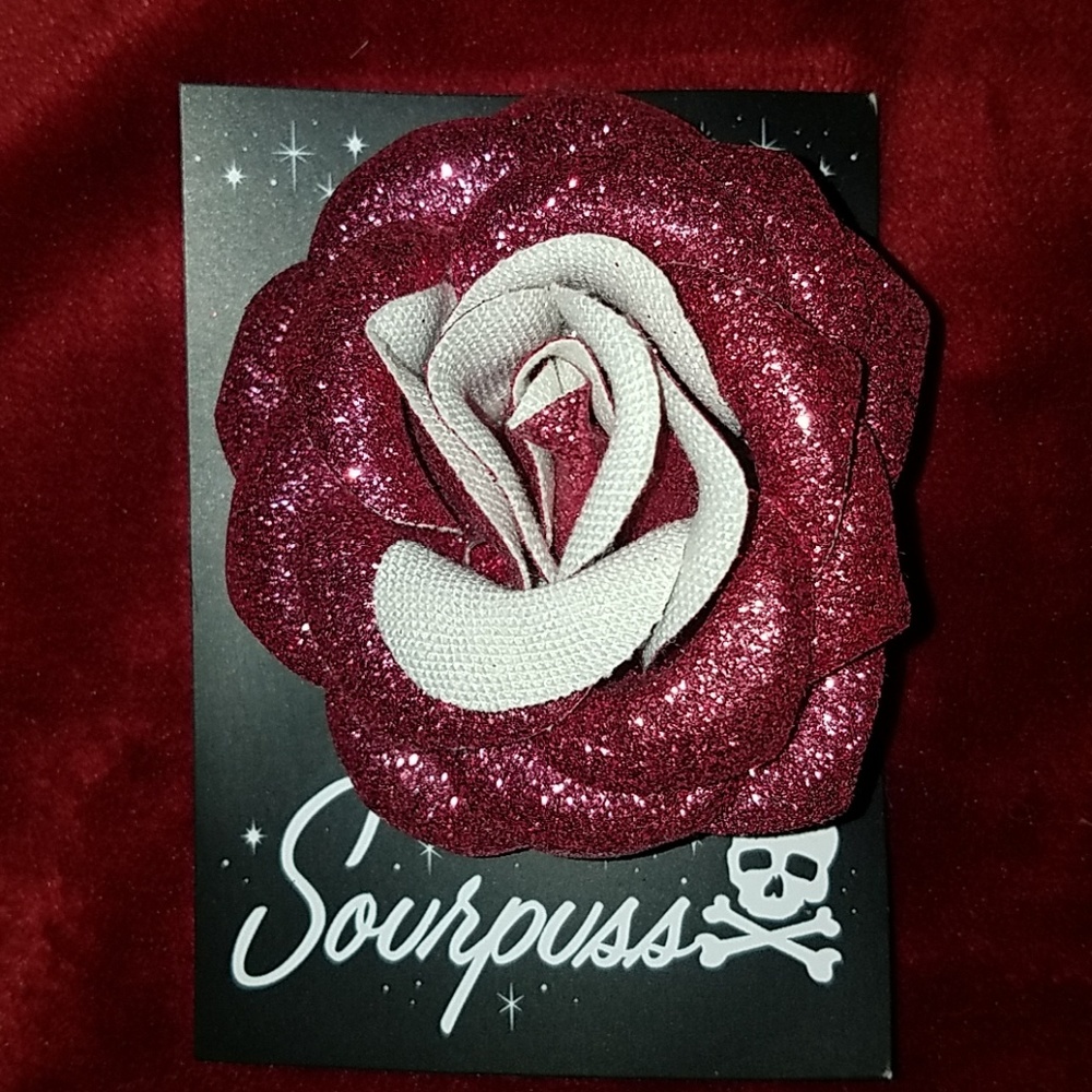 Sourpuss Pink Sparkly Glitter 3" Rose 50's RockABilly Pinup Alligator Hair Clip